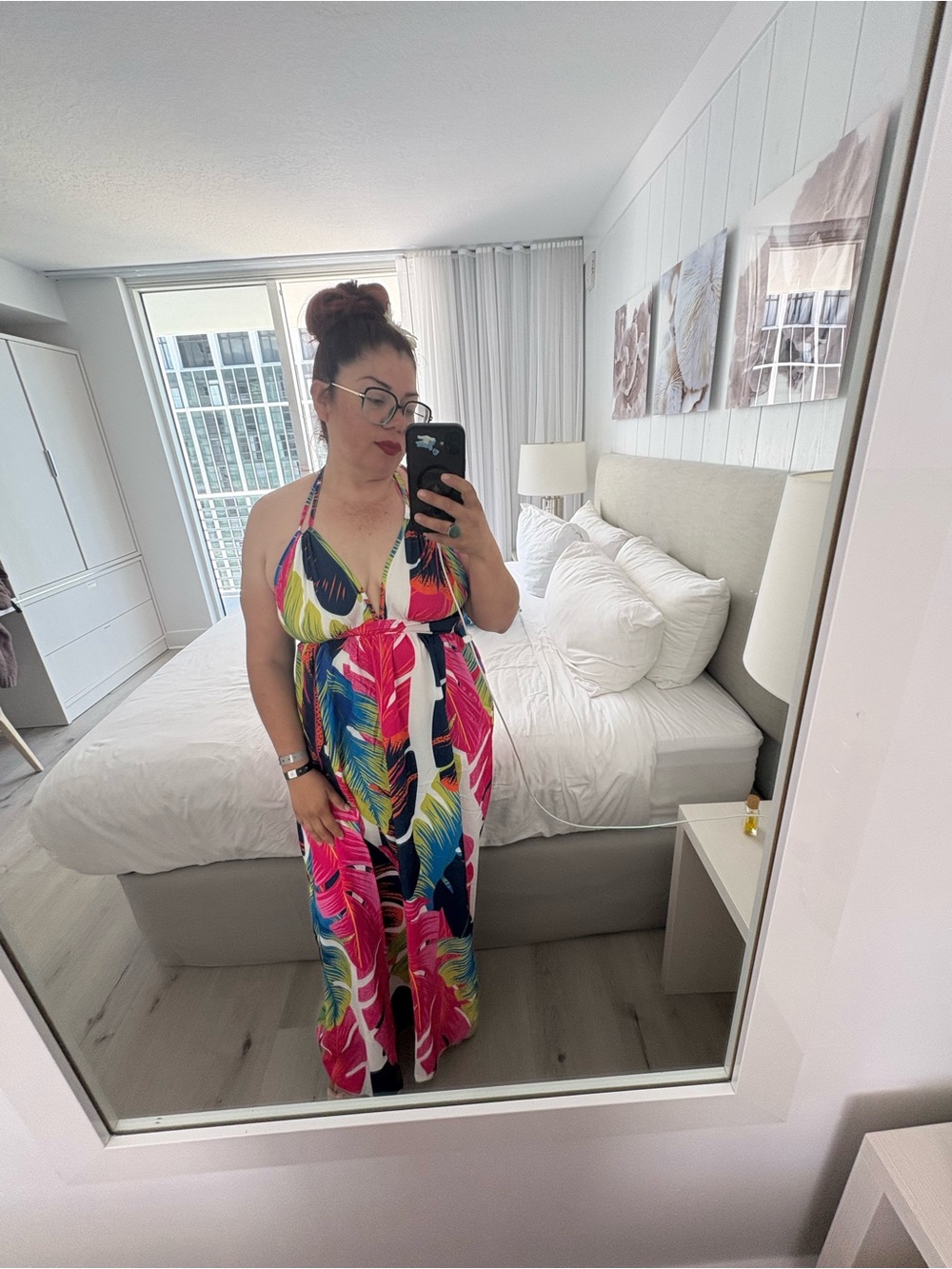 Colorful Tropical Print Halter Maxi Dress